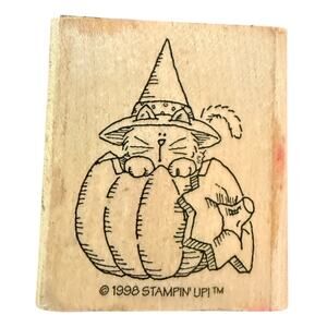 Stampin Up! Vintage 1998 Cat Hiding In Pumpkin Halloween Rubber Stamp
